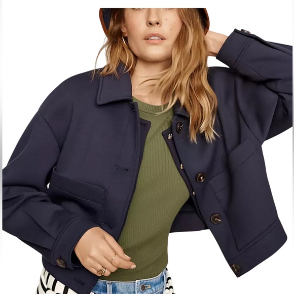 Ann Taylor WEEKEND NEW NIGHT SKY BLUE CROPPED SHIRT JACKET SZ LG Navy Blazer - Picture 1 of 14
